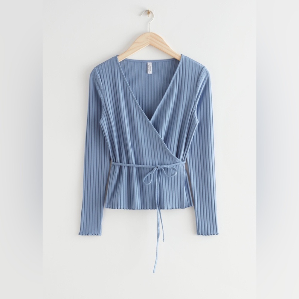 & Other Stories Fitted Rib Wrap Top in Blue - size S
